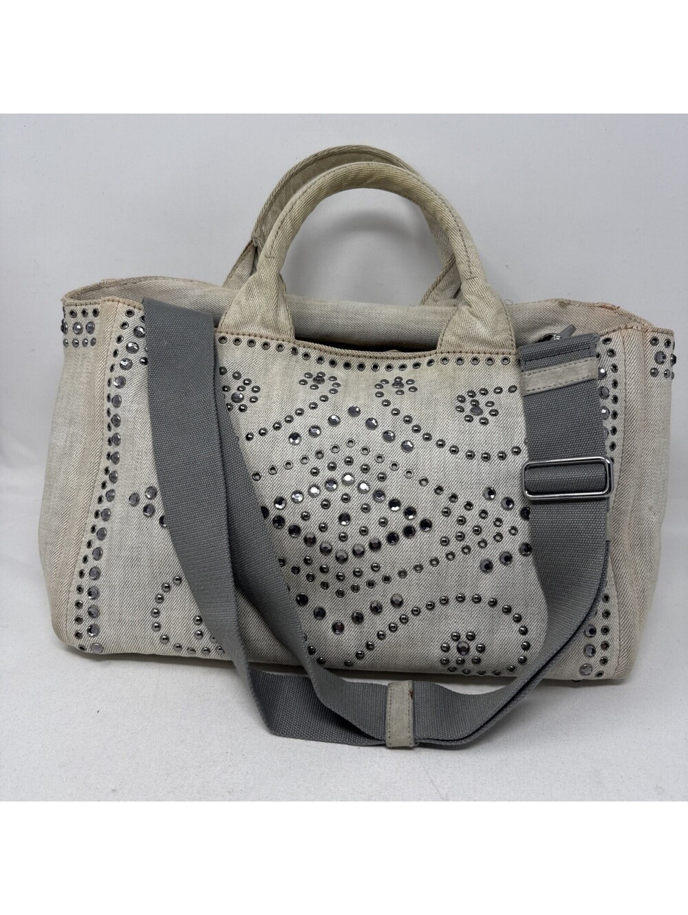 Auth PRADA Canapa White Shade Denim Shopping 2 Way Shoulder Bag